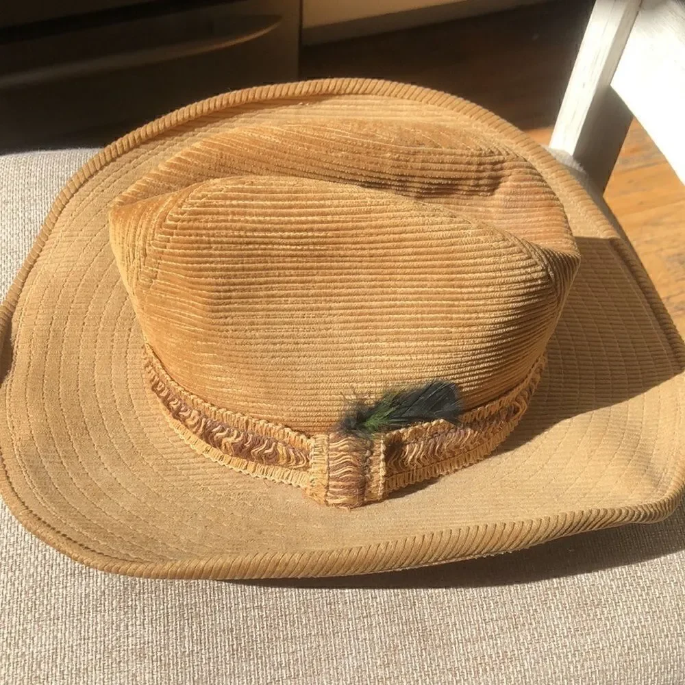 Country Gentleman’s Corduroy Wide Brim Ranch Hat in Tan Feather and braid accent